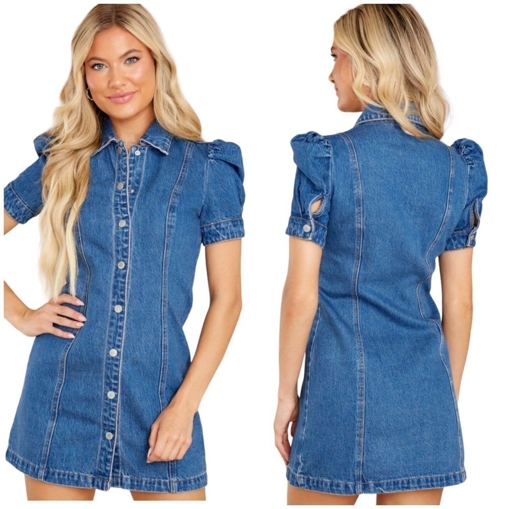 Blank NYC Denim Snap Mini Shirt Dress Puff Short Sleeves Dress XL NWT